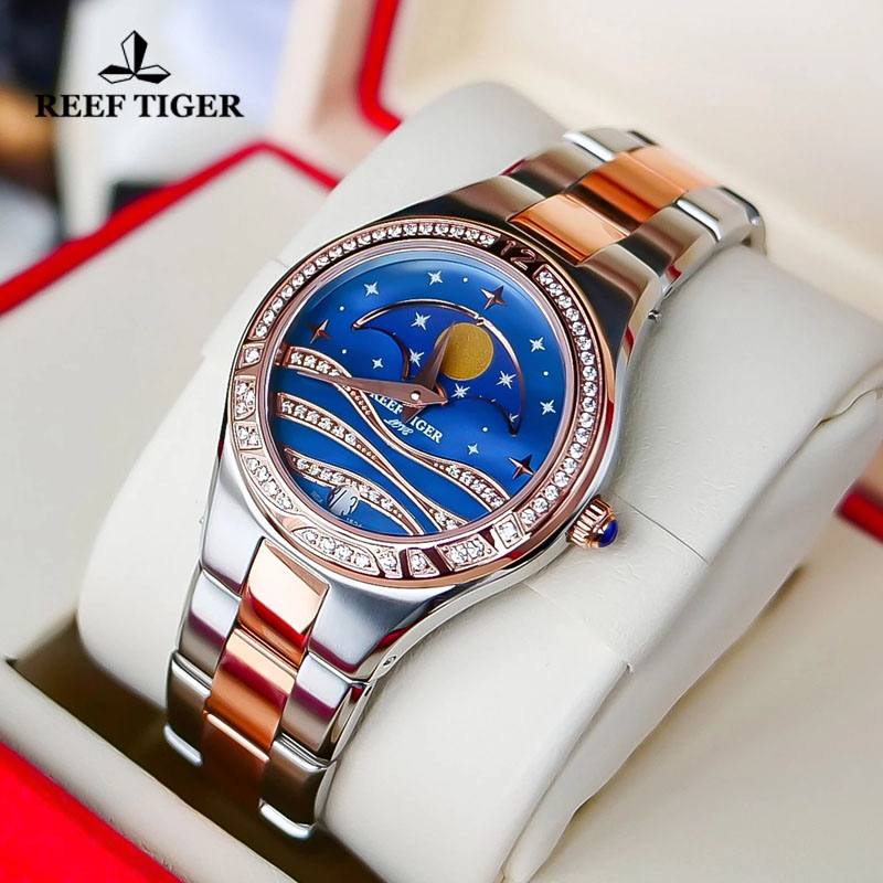 Luxury Watch Moon Phase - Reef Tiger/RT luksusowy damski zegarek kwarcowy